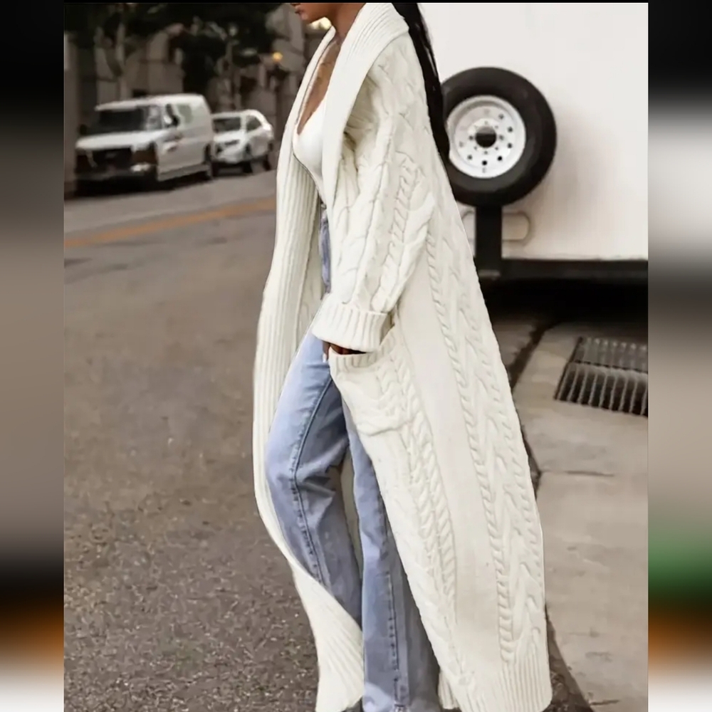 Casual Cable Knit Cardigan.Long Sleeve Drop Shoulder Cardigan For Fall & Winter